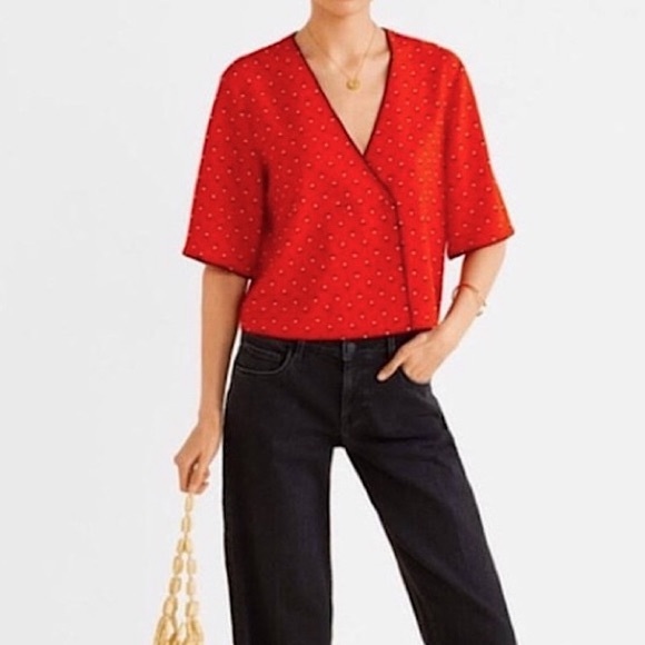 NWT - Mango Women’s Cropped Polka Dot V Neck Half Sleeve Blouse - US Size 8 - Picture 2 of 8